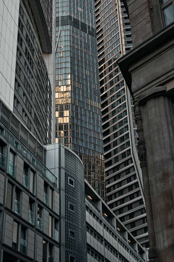 Glass skyscrapers photographed from the street below