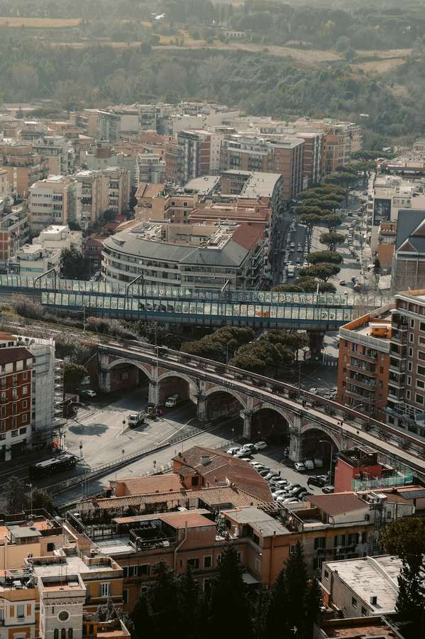 Aerial view of a coastal city and its bay